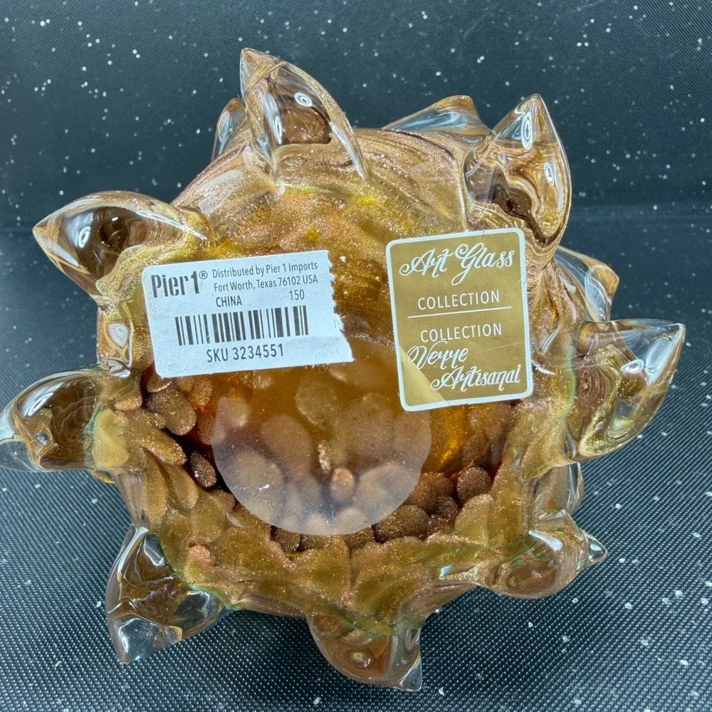 Pier 1 Art Glass Christmas Tree Figurine Amber Copper Glitter 8inch Paperweight